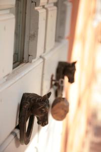 a black cat gargoyle on a wall next to a window at Malvarina in Capodacqua