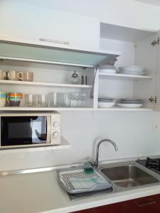 a kitchen counter with a sink and a microwave at Apartman Bruna in Novalja