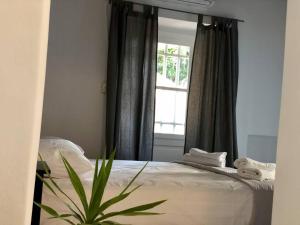 a bedroom with a large mirror and a bed at Chill out studio in the leafy Livadia village in Andros