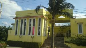 石垣岛palmsプライベートプール,ミニビリヤード海と星空見える96平米 BBQ台 P2台分無料 wii WiFi的一栋黄色的房子,前面有一棵棕榈树