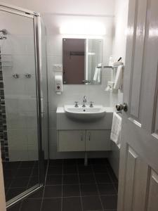y baño con lavabo y ducha. en Nicholas Royal Motel - No Pets Allowed, en Hay