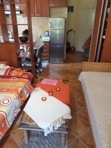 a kitchen with a table and a refrigerator at Apartment Milica in Herceg-Novi