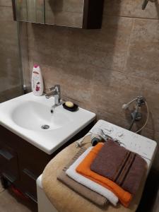 łazienka z umywalką i blatem z ręcznikami w obiekcie Apartment Milica w mieście Herceg Novi
