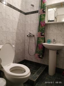 uma casa de banho com um WC e um lavatório em LAZAROS APARTMENTS em Olympiakí Aktí
