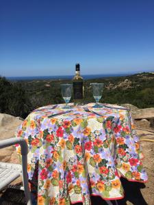 a table with a bottle of wine and two glasses at Stazzu Giasti Agriturismo in Aglientu