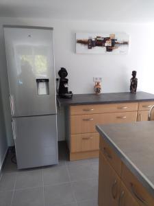 La cuisine est équipée d'un réfrigérateur en acier inoxydable et de placards en bois. dans l'établissement Appartement T2, à Moliets-et-Maa
