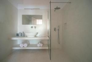 een badkamer met een wastafel en een glazen douche bij Meltemi Seaside in Kampos Paros