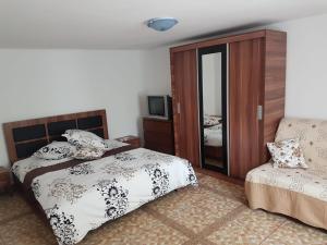 a bedroom with two beds and a mirror at Casa Antonia si Maria in Ostrov +24 photos