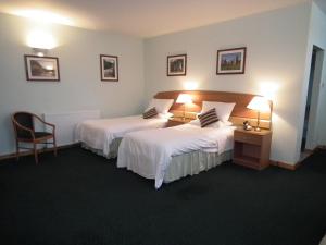 una habitación de hotel con 2 camas y una silla en The Red Lion Tavern en Fochabers