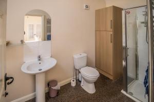un bagno con wc, lavandino e doccia di Saracens Head Old Function Room a Chapel Saint Leonards Altre 23 foto