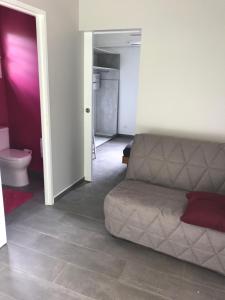 ein Wohnzimmer mit einem Sofa und einem Badezimmer in der Unterkunft BUNGALOW LOLOTTE ET DOM in Sainte-Anne