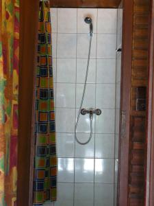 a shower in a bathroom with a shower curtain at Chaty u Loveckého zámečku in Buchlovice