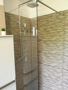 a shower with a glass door in a bathroom at Apartments Stella Apsyrtides in Osor