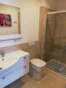een badkamer met een toilet, een wastafel en een douche bij Appartamento Betty in Porto Santo Stefano