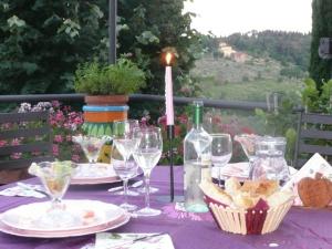 a table with wine glasses and bread and a candle at La Luna in Impruneta