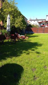 trawnik z krzesłami i parasolem w obiekcie Argo Domki w mieście Darłowo