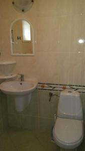 a bathroom with a white toilet and a sink at Argo Domki in Darłowo +9 photos