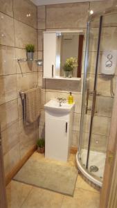 een badkamer met een wastafel en een douche bij Flat 14d Bayhead in Stornoway