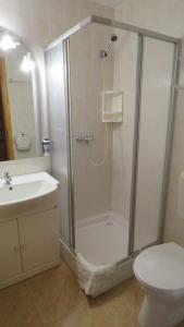 a bathroom with a shower and a toilet and a sink at Prima Porta Vendeghaz in Balatonalmádi +12 photos