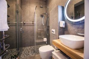een badkamer met een douche, een wastafel en een toilet bij Wooden House near City center in Rīga