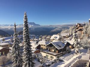 a town covered in snow with trees in the foreground at Perle de Leysin in Leysin
