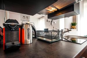 a kitchen counter with a toaster and a drying rack at Apartments Sea View - Sunrise and Maremonte in Rovinj