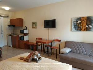 a living room with a couch and a kitchen with a table at Amalia in Paleo Tsifliki