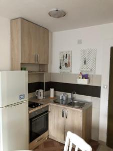 a small kitchen with a refrigerator and a sink at APARTMANI PETRIJA in Prčanj