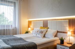 1 dormitorio con 1 cama, 2 lámparas y ventana en Willa Ryś, en Zakopane