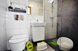 a bathroom with a toilet and a sink and a shower at Zatoka Wypoczynku Grzybowo - Apartamenty dwupoziomowe in Grzybowo +43 photos