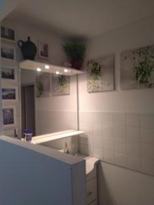 La salle de bains est pourvue d'un lavabo et d'un miroir. dans l'établissement Friedens apartment, à Plauen