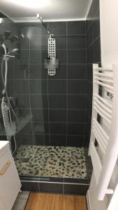 a bathroom with a shower with a black tile wall at Studio rénové balcon ensoleillé et calme in La Londe-les-Maures