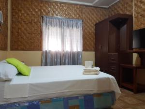 1 dormitorio con 1 cama con ventana y vestidor en Mountain View Cottages en Mambajao