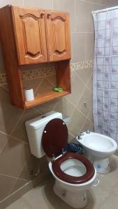 y baño con aseo y lavamanos. en Ses Hunnica en Ushuaia