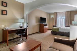 a hotel room with a bed and a desk with a computer at Comfort Inn & Suites Sacramento - University Area in Sacramento