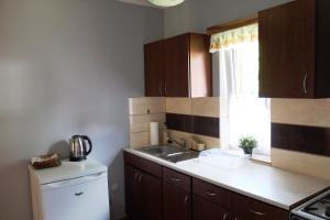 a kitchen with wooden cabinets and a sink and a window at U Mariana in Mrukowa