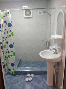 a bathroom with a sink and a shower curtain at ZARIN Guest House B&B in Bukhara