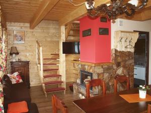 a living room with a fireplace in a log cabin at Świerkowe Chatki in Olchowiec