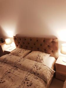 a bedroom with a bed with two pillows and two lamps at Cozy House Decebal in Cluj-Napoca