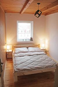sypialnia z łóżkiem w pokoju z oknem w obiekcie Apartament na Kromera w Olsztynie