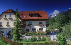 a house with a garden and a mountain in the background at Pension Pichler in Hinterstoder