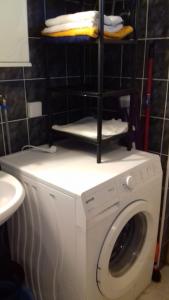 eine Waschmaschine im Bad mit einem Regal mit Handtüchern in der Unterkunft Apartment Bella Vista Park view in Poreč + 19 Fotos