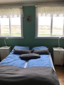 um quarto com uma cama com lençóis azuis e duas janelas em Ferðaþjónustan Geitaskarði em Geitaskard