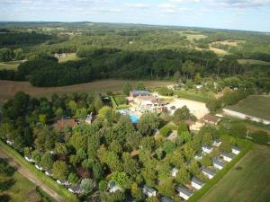 una vista aérea de una casa con piscina y árboles en Camping LE PIGEONNIER en Saint-Crépin-et-Carlucet