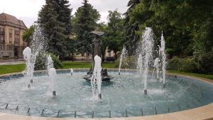 una fuente en un parque con una estatua en el medio en Aquarius Apartman, en Szeged