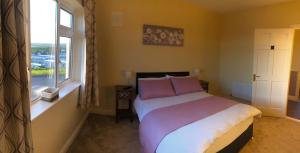 Un dormitorio con una cama con almohadas moradas y una ventana en The View en Lahinch