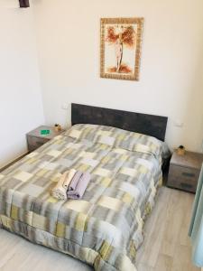 a bed with a blanket and a picture on the wall at CASA ALBA in Lucca