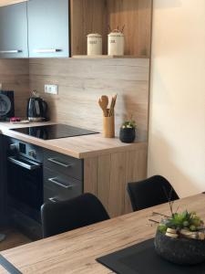 a kitchen with a counter and a table with chairs at Apartmány Koněvova in Mikulov