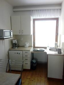 a small kitchen with a sink and a microwave at U Žaludů in Ledenice