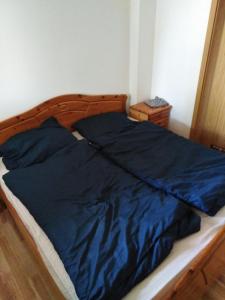 een blauw dekbed op een bed in een slaapkamer bij Řikovice Prázdninový dům in Morašice